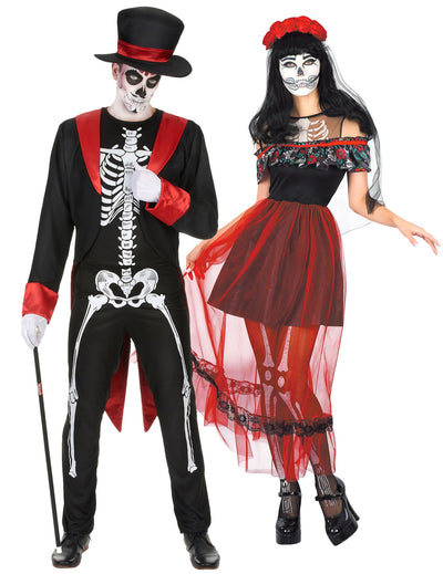 Elegantni kostimi za par kostura Día de los Muertos, crveno-crni, Halloween, za odrasle