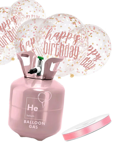 Komplet boce helija s 6 balona s konfetićima Happy Birthday i vrpcom