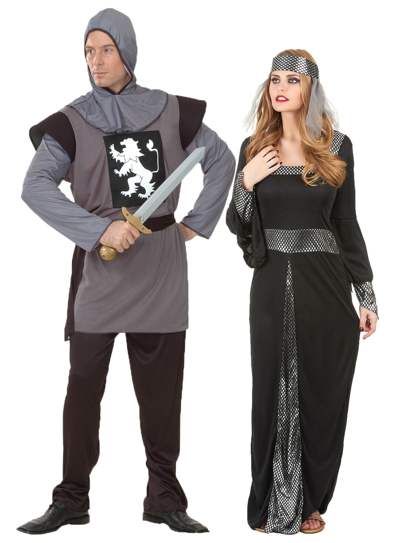 Déguisement de couple médiéval gris et noir adulte