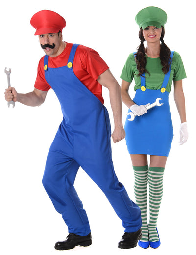 Déguisement de couple plombier vert et rouge adulte