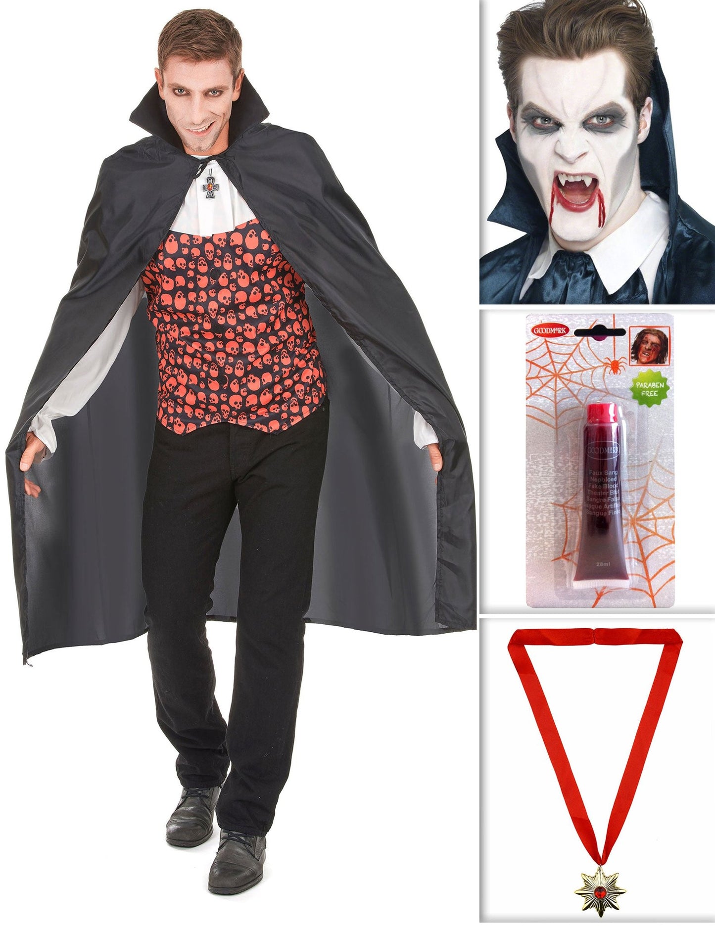 Pakiranje vampira s plaštem, zubima, lažnom krvlju i Halloween medaljonom