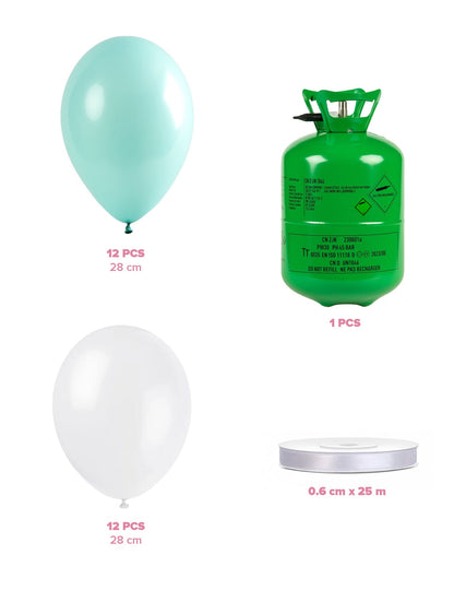 Kit bouteille d'hélium avec 12 ballons couleur menthe 12 ballons blancs et ruban