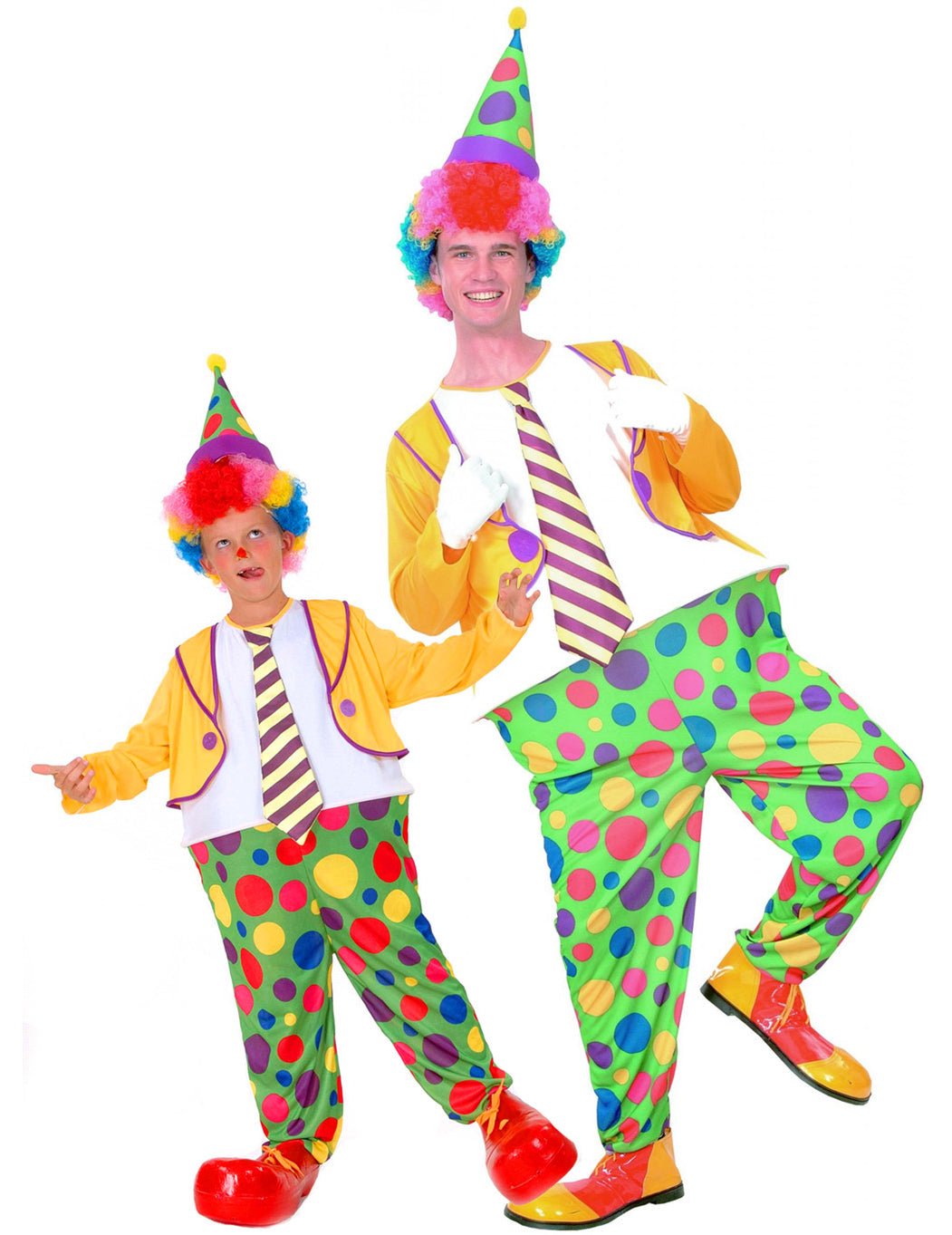 Déguisement de couple clown à pois père et fils