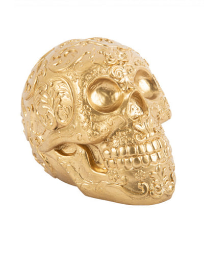 Tête de mort Calaveras pour Halloween dorée avec motifs en relief