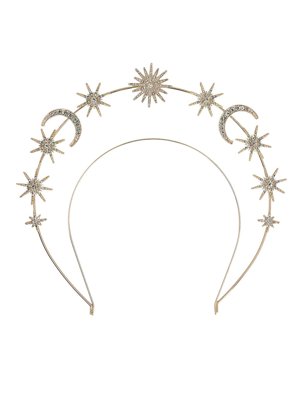 Détail des lunes et étoiles de la tiare métallique soleil, lunes et étoiles