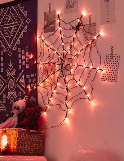 Toile d'araignée lumineuse LED pour décoration noire avec éclairage orange