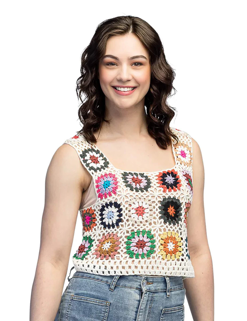 Top hippie floral en crochet pour adulte multicolore à motifs fleurs