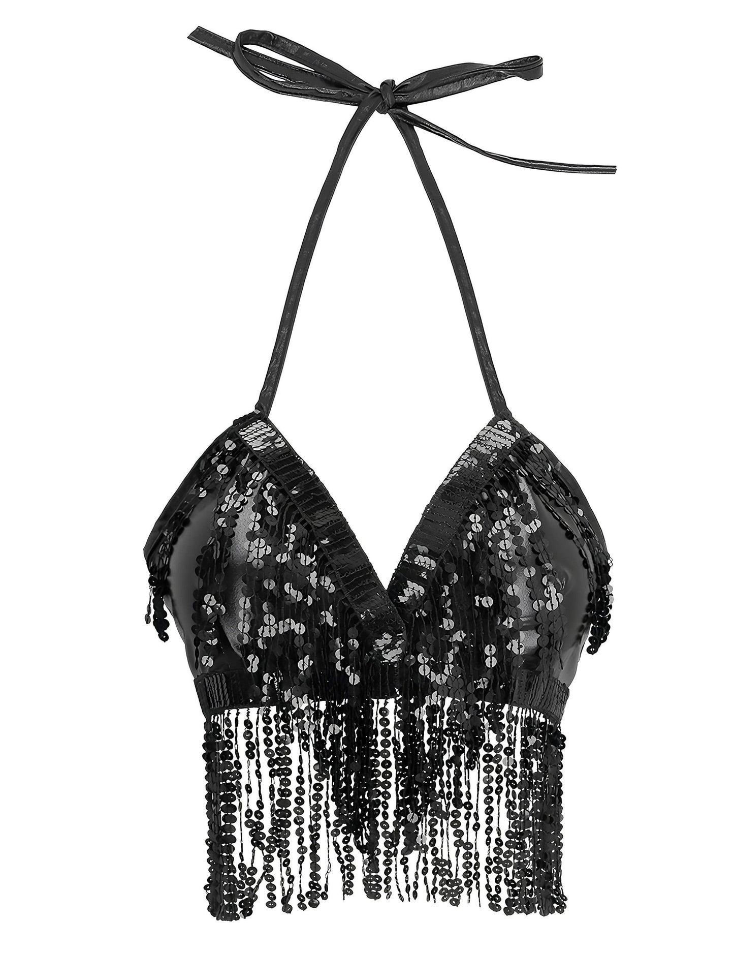 Vue de face du top avec franges et sequins pour femme noir