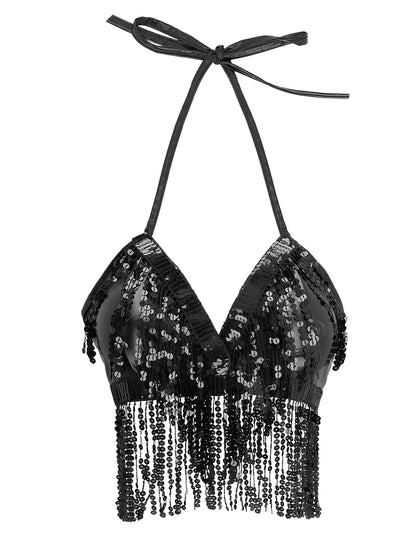 Vue de face du top avec franges et sequins pour femme noir
