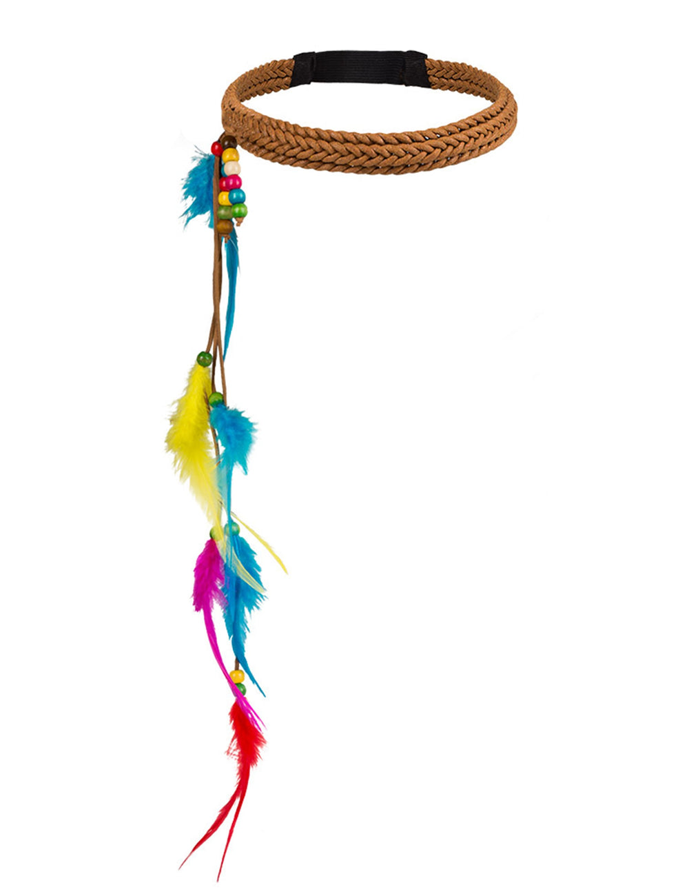 Détail des perles et des plumes du tour de tête plumes fluo pour adulte