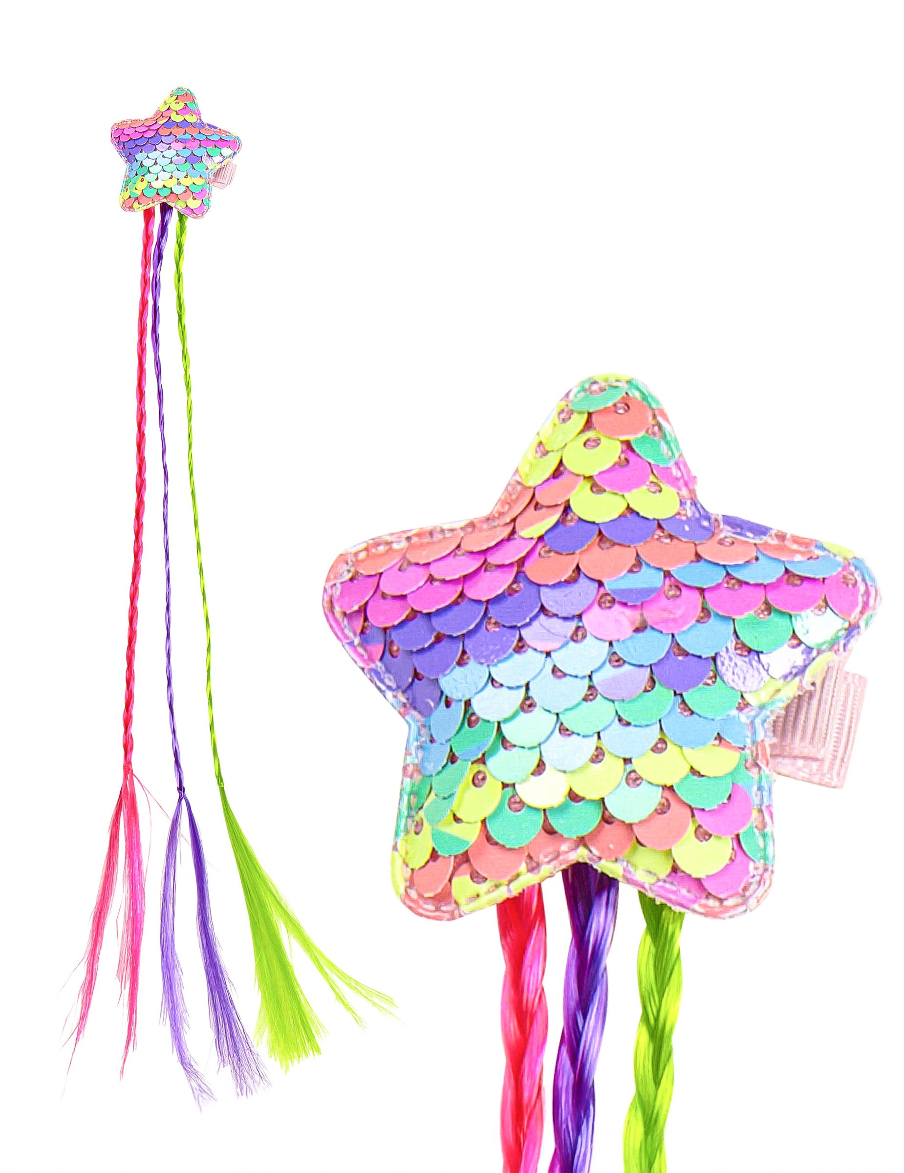 Gros plan sur l'étoile à sequins des tresses multicolores avec étoile à sequins
