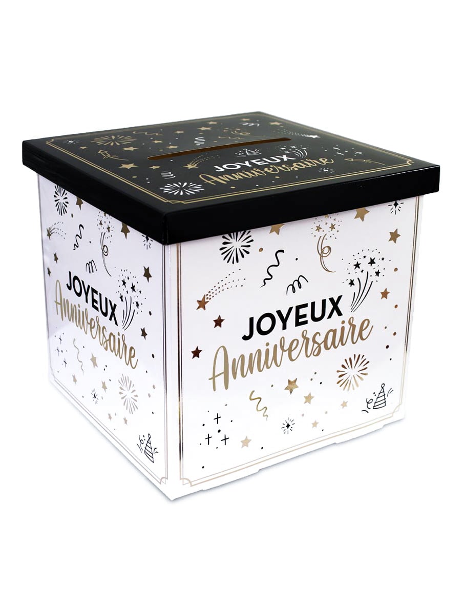 Urne en carton joyeux anniversaire pour adulte blanche dorée et noire