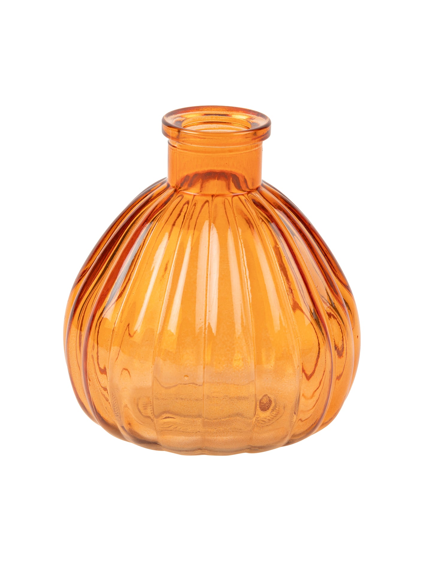 Vase en verre orange arrondi strié bohème