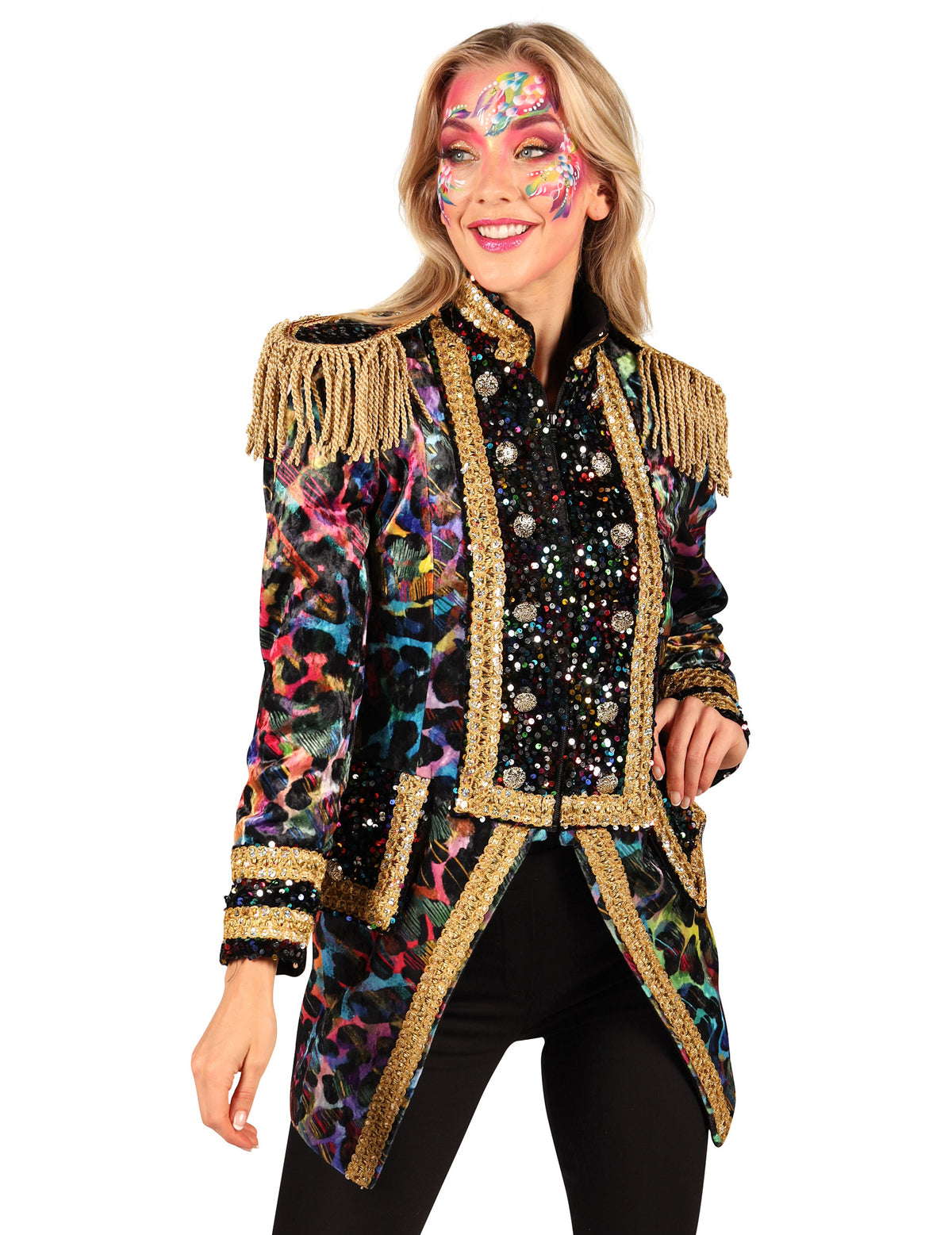 Vue de face du buste de la veste de carnaval haut de gamme pour femme couleurs fluo