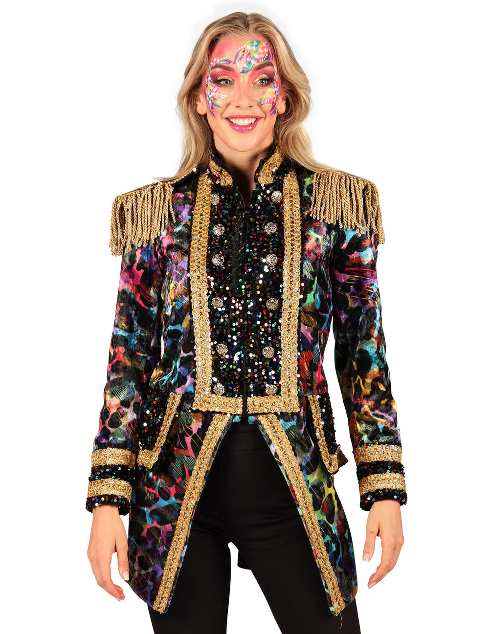Vue de face rapprochée de la veste de carnaval haut de gamme pour femme couleurs fluo