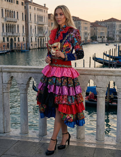 Duga ženska jakna u stilu Fiesta Karnevala, višebojna, vrhunske kvalitete 