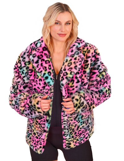Ženska jakna od pliša s motivom šarenog leoparda 