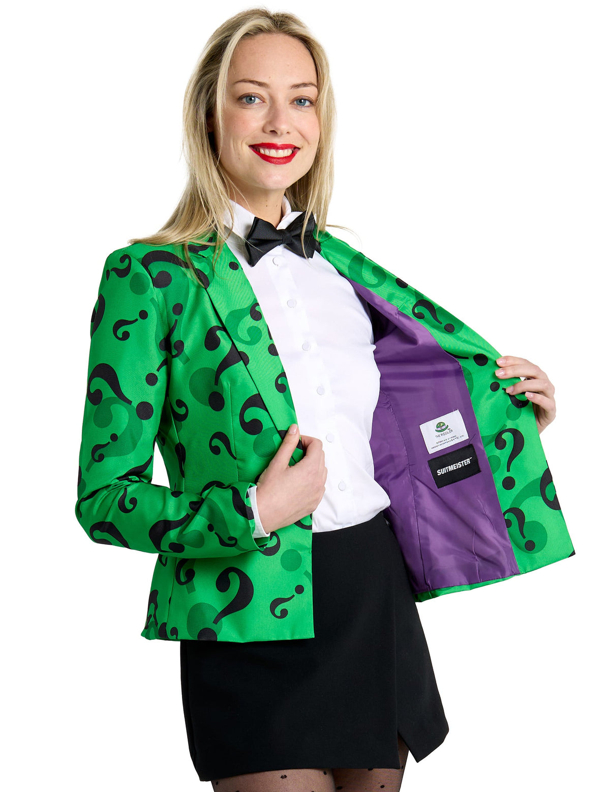 Détail de la doublure intérieure violette de la veste Mrs. Riddler Suitmeister