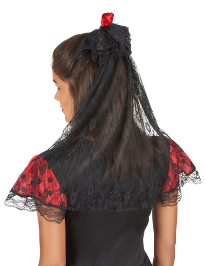 Voile avec rose rouge espagnole pour femme noir en dentelle